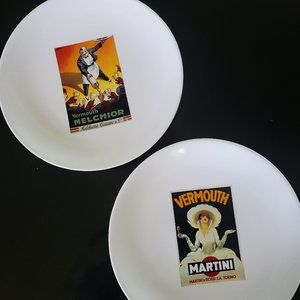 2 Pottery Barn Vintage Posters 8 inch Cocktail Plates